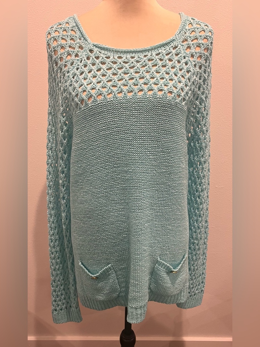 Open-Knit Scoop Neck Sweater with Pockets in Light Aqua